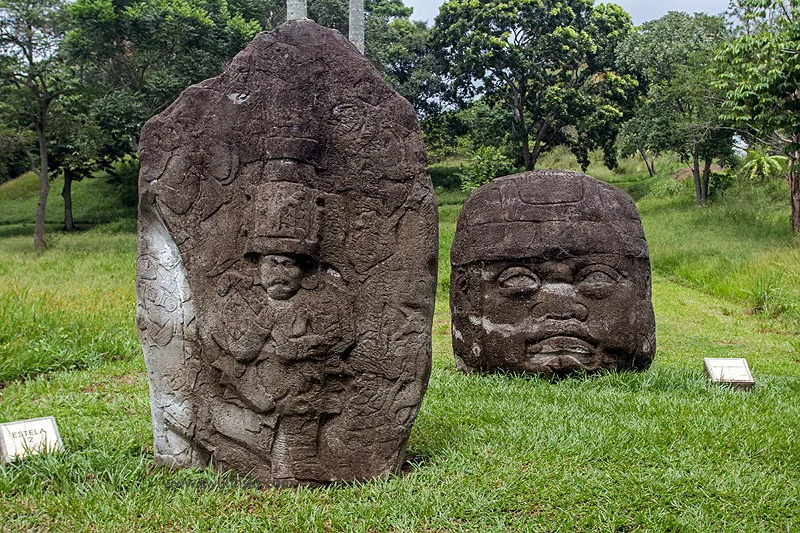 A colossal Olmec head and carved stela at La Venta