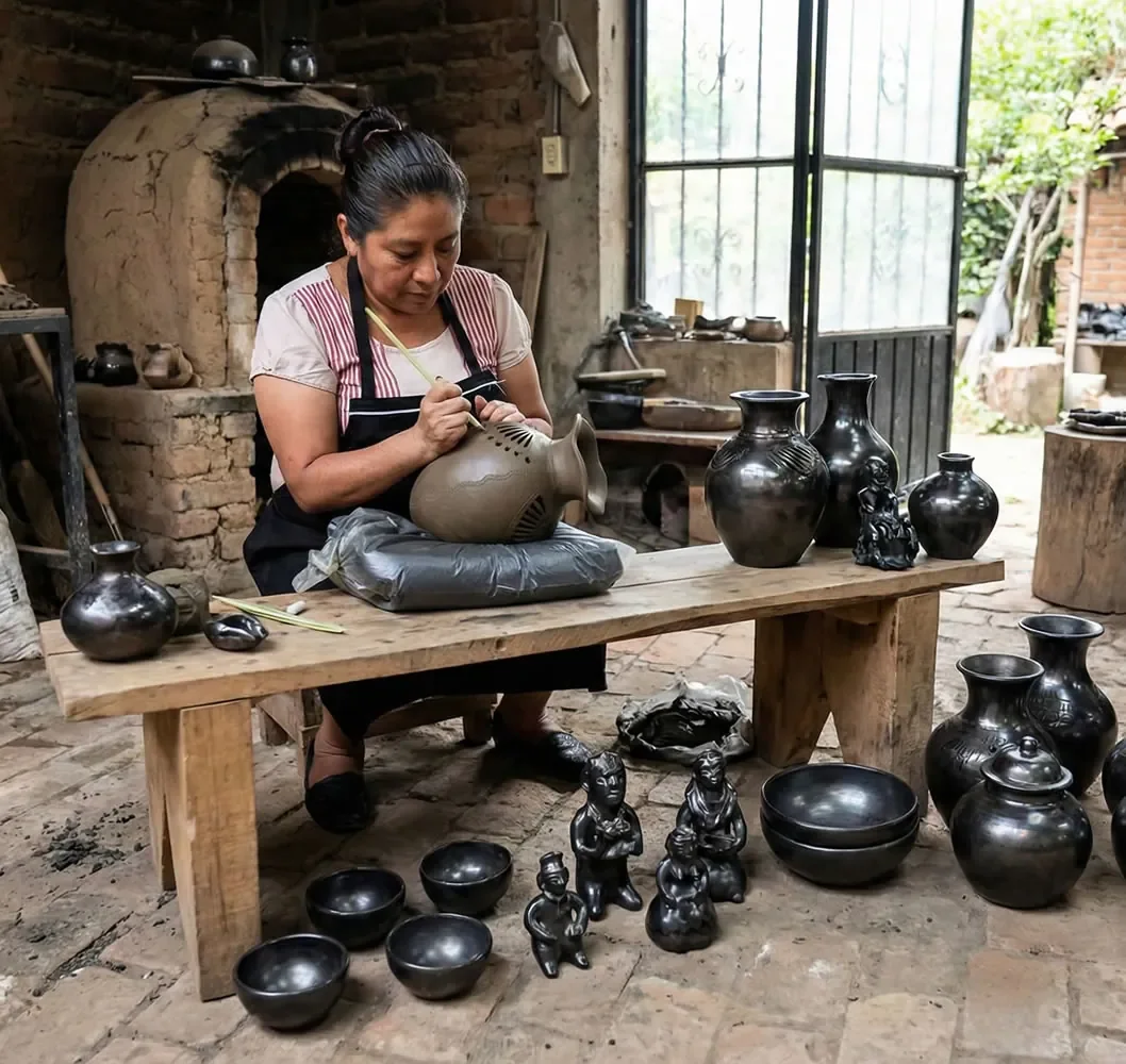 A potter working black clay in San Bartolo Coyotepec